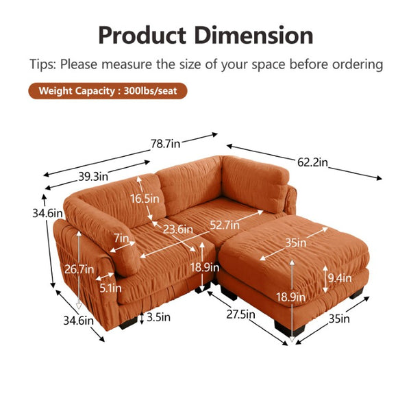 English Elm 2 Seat Chenille Modular Sectional Sofa with Ruched Texture and High Density Foam Cushions 1 Ottoman W5656S00249