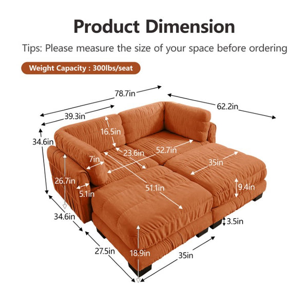 English Elm 2 Seat Chenille Modular Sectional Sofa with Ruched Texture and High Density Foam Cushions 2 Ottomans W5656S00250