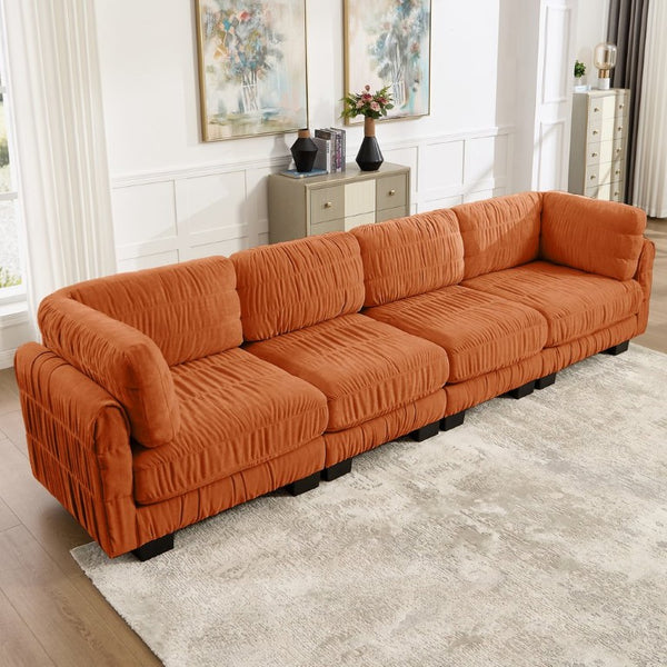 English Elm 4 Seat Chenille L-Shaped Modular Sectional with Ruched Texture and Dense Foam Cushions W5656S00254