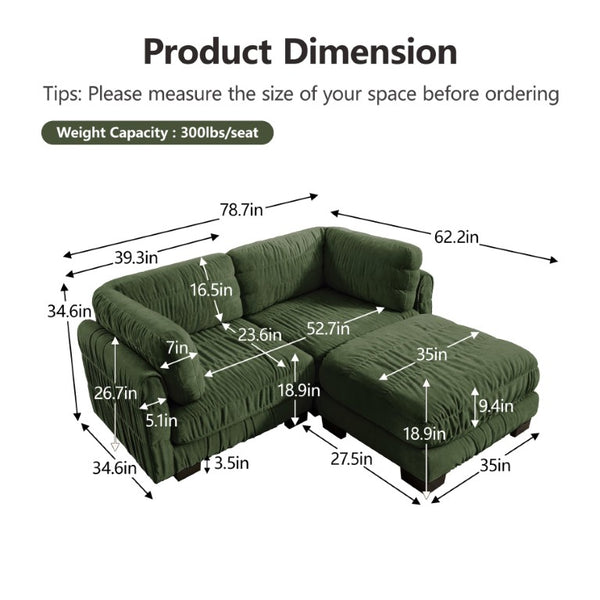 English Elm 2 Seat Chenille Modular Sectional with Ruched Texture Ottoman and High Density Foam Support W5656S00257