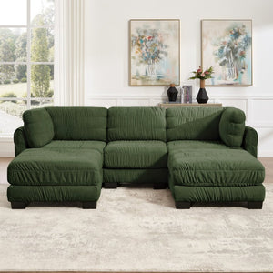 English Elm 3 Seat Chenille Modular Sectional with Movable Ottomans and Ruched Cushion Detail Green 3 Seat with 2 Ottomans W5656S00261