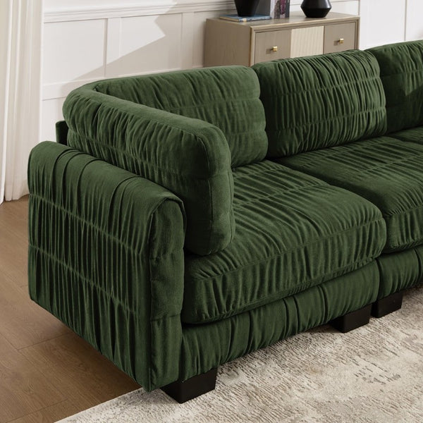 English Elm 3 Seat Chenille Modular Sectional with Movable Ottomans and Ruched Cushion Detail Green 3 Seat with 2 Ottomans W5656S00261