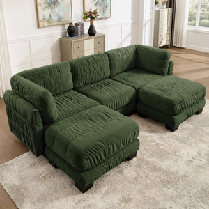 English Elm 3 Seat Chenille Modular Sectional with Movable Ottomans and Ruched Cushion Detail Green 3 Seat with 2 Ottomans W5656S00261