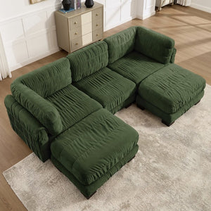 English Elm 3 Seat Chenille Modular Sectional with Movable Ottomans and Ruched Cushion Detail Green 3 Seat with 2 Ottomans W5656S00261
