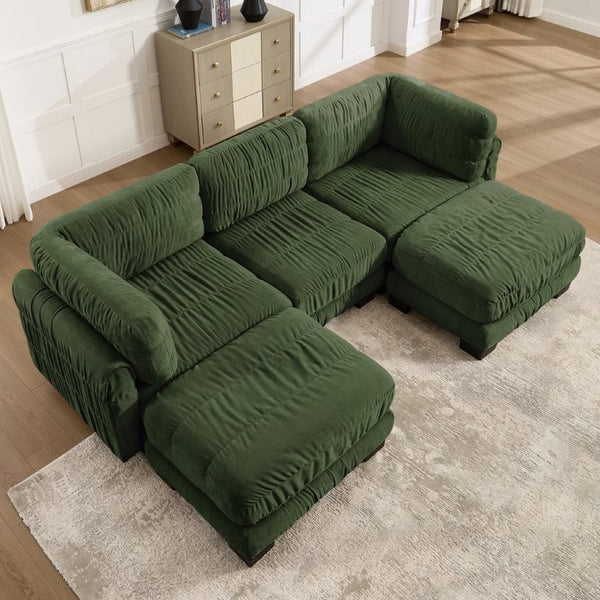 English Elm 3 Seat Chenille Modular Sectional with Movable Ottomans and Ruched Cushion Detail Green 3 Seat with 2 Ottomans W5656S00261