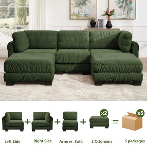 English Elm 3 Seat Chenille Modular Sectional with Movable Ottomans and Ruched Cushion Detail Green 3 Seat with 2 Ottomans W5656S00261