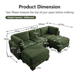 English Elm 3 Seat Chenille Modular Sectional with Movable Ottomans and Ruched Cushion Detail Green 3 Seat with 2 Ottomans W5656S00261