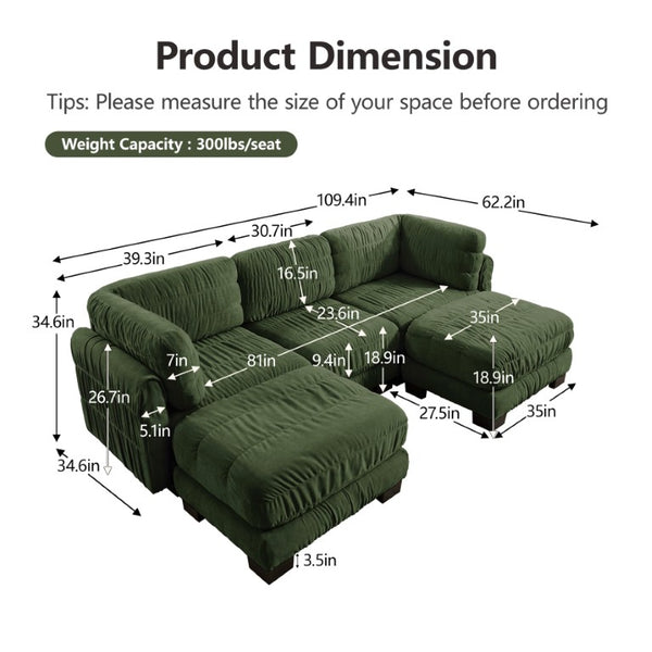 English Elm 3 Seat Chenille Modular Sectional with Movable Ottomans and Ruched Cushion Detail Green 3 Seat with 2 Ottomans W5656S00261
