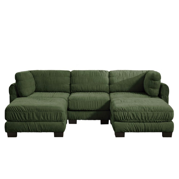 English Elm 3 Seat Chenille Modular Sectional with Movable Ottomans and Ruched Cushion Detail Green 3 Seat with 2 Ottomans W5656S00261