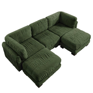 English Elm 3 Seat Chenille Modular Sectional with Movable Ottomans and Ruched Cushion Detail Green 3 Seat with 2 Ottomans W5656S00261