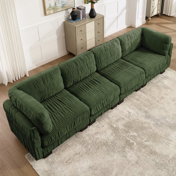 English Elm 3 Seat Chenille Modular Sectional with Movable Ottomans and Ruched Cushion Detail Green 4 Seat W5656S00262