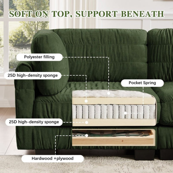English Elm 3 Seat Chenille Modular Sectional with Movable Ottomans and Ruched Cushion Detail Green 4 Seat W5656S00262