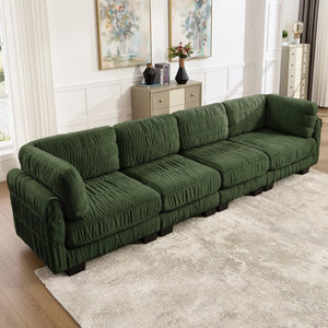 English Elm 3 Seat Chenille Modular Sectional with Movable Ottomans and Ruched Cushion Detail Green 4 Seat W5656S00262