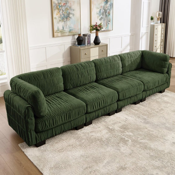 English Elm 3 Seat Chenille Modular Sectional with Movable Ottomans and Ruched Cushion Detail Green 4 Seat W5656S00262