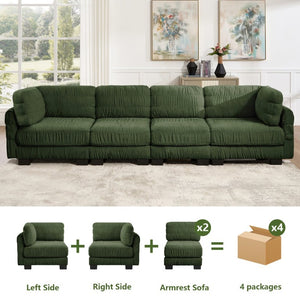English Elm 3 Seat Chenille Modular Sectional with Movable Ottomans and Ruched Cushion Detail Green 4 Seat W5656S00262