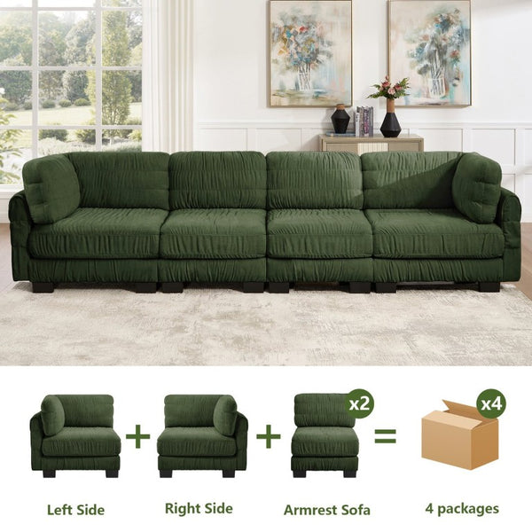 English Elm 3 Seat Chenille Modular Sectional with Movable Ottomans and Ruched Cushion Detail Green 4 Seat W5656S00262
