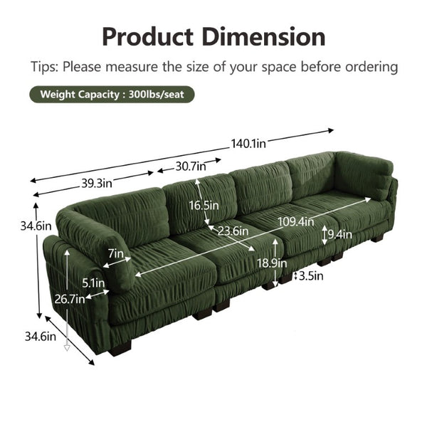 English Elm 3 Seat Chenille Modular Sectional with Movable Ottomans and Ruched Cushion Detail Green 4 Seat W5656S00262