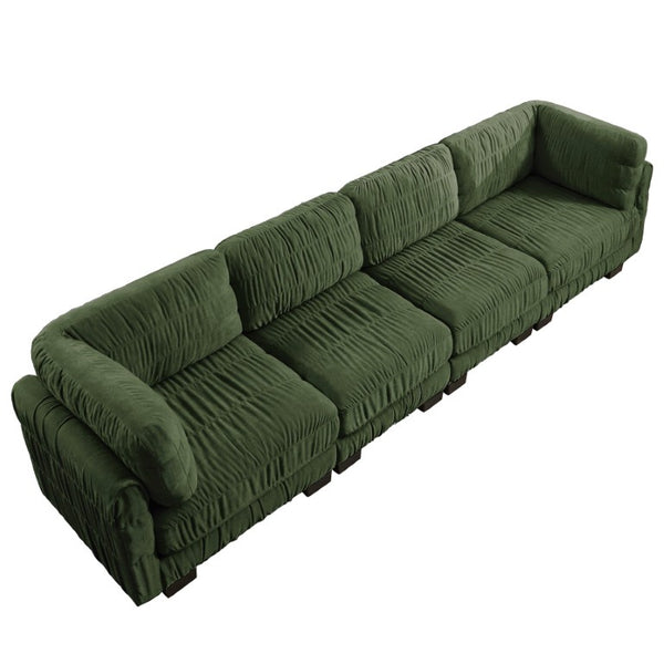 English Elm 3 Seat Chenille Modular Sectional with Movable Ottomans and Ruched Cushion Detail Green 4 Seat W5656S00262