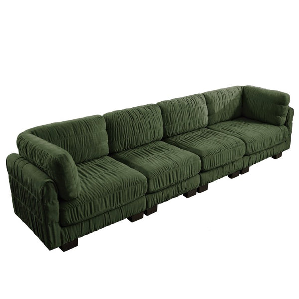 English Elm 3 Seat Chenille Modular Sectional with Movable Ottomans and Ruched Cushion Detail Green 4 Seat W5656S00262