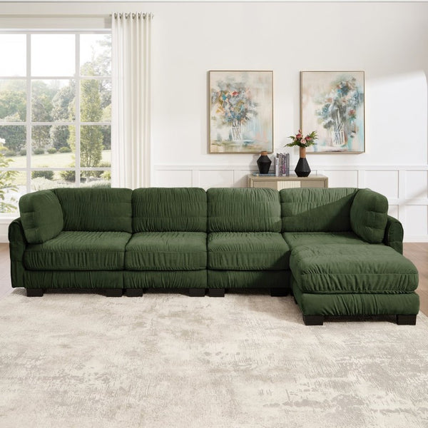 English Elm 3 Seat Chenille Modular Sectional with Movable Ottomans and Ruched Cushion Detail Green 4 Seat with Ottoman W5656S00263