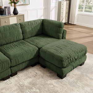 English Elm 3 Seat Chenille Modular Sectional with Movable Ottomans and Ruched Cushion Detail Green 4 Seat with Ottoman W5656S00263