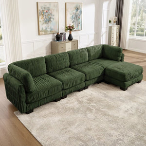 English Elm 3 Seat Chenille Modular Sectional with Movable Ottomans and Ruched Cushion Detail Green 4 Seat with Ottoman W5656S00263