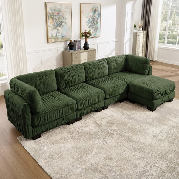 English Elm 3 Seat Chenille Modular Sectional with Movable Ottomans and Ruched Cushion Detail Green 4 Seat with Ottoman W5656S00263