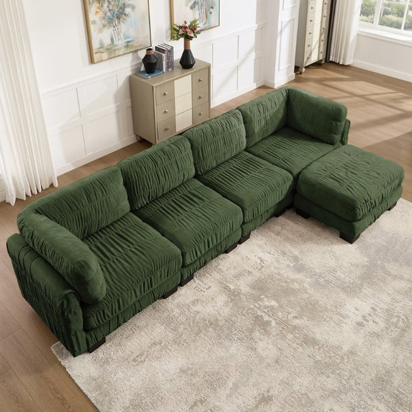 English Elm 3 Seat Chenille Modular Sectional with Movable Ottomans and Ruched Cushion Detail Green 4 Seat with Ottoman W5656S00263