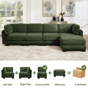 English Elm 3 Seat Chenille Modular Sectional with Movable Ottomans and Ruched Cushion Detail Green 4 Seat with Ottoman W5656S00263