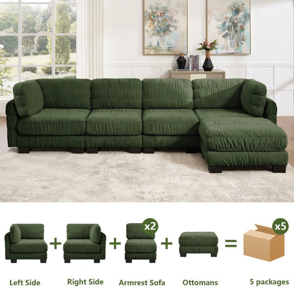 English Elm 3 Seat Chenille Modular Sectional with Movable Ottomans and Ruched Cushion Detail Green 4 Seat with Ottoman W5656S00263