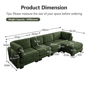 English Elm 3 Seat Chenille Modular Sectional with Movable Ottomans and Ruched Cushion Detail Green 4 Seat with Ottoman W5656S00263