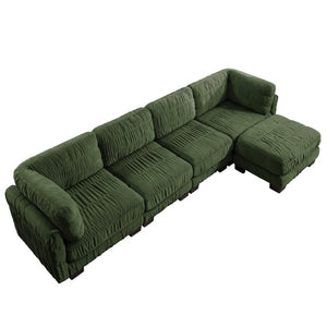 English Elm 3 Seat Chenille Modular Sectional with Movable Ottomans and Ruched Cushion Detail Green 4 Seat with Ottoman W5656S00263
