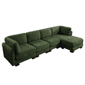 English Elm 3 Seat Chenille Modular Sectional with Movable Ottomans and Ruched Cushion Detail Green 4 Seat with Ottoman W5656S00263