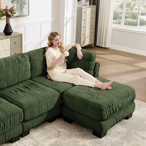English Elm 4 Seat Chenille Modular Sectional with Ruched Texture Dual Ottomans and Deep Foam Cushions W5656S00264