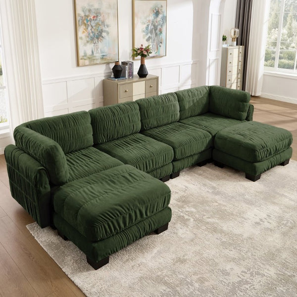 English Elm 4 Seat Chenille Modular Sectional with Ruched Texture Dual Ottomans and Deep Foam Cushions W5656S00264