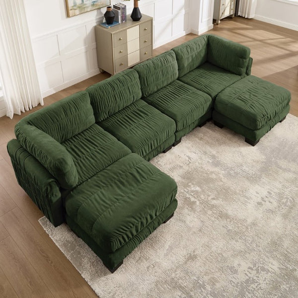 English Elm 4 Seat Chenille Modular Sectional with Ruched Texture Dual Ottomans and Deep Foam Cushions W5656S00264