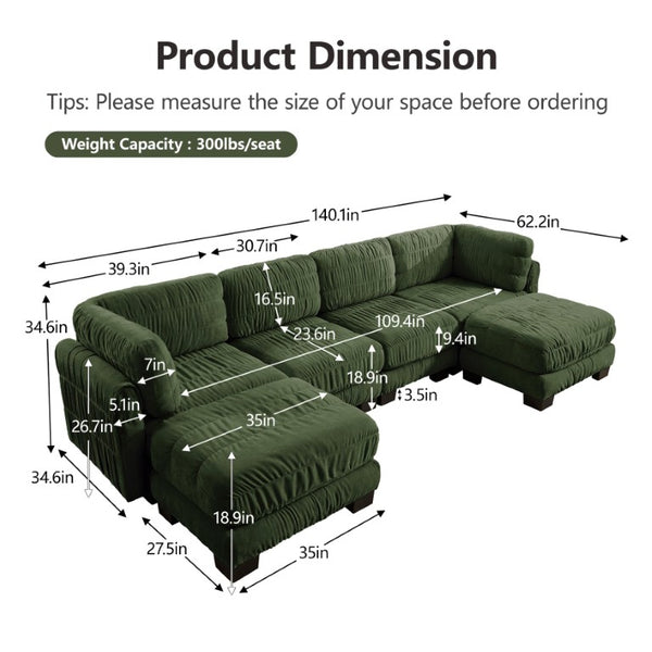 English Elm 4 Seat Chenille Modular Sectional with Ruched Texture Dual Ottomans and Deep Foam Cushions W5656S00264