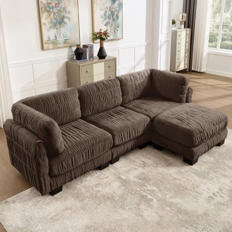 English Elm 2 Seat Chenille Modular Sectional with Ruched Texture Foam Fill and Movable Ottomans Brown 3 Seat with Ottoman W5656S00268