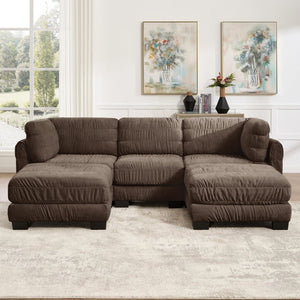English Elm 3 Seat Chenille Modular Sectional with Movable Ottomans and Ruched Cushion Detail Brown 3 Seat with 2 Ottomans W5656S00269
