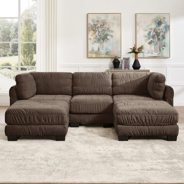 English Elm 3 Seat Chenille Modular Sectional with Movable Ottomans and Ruched Cushion Detail Brown 3 Seat with 2 Ottomans W5656S00269