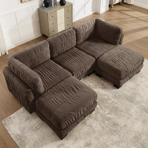 English Elm 3 Seat Chenille Modular Sectional with Movable Ottomans and Ruched Cushion Detail Brown 3 Seat with 2 Ottomans W5656S00269