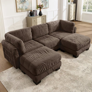 English Elm 3 Seat Chenille Modular Sectional with Movable Ottomans and Ruched Cushion Detail Brown 3 Seat with 2 Ottomans W5656S00269