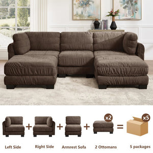 English Elm 3 Seat Chenille Modular Sectional with Movable Ottomans and Ruched Cushion Detail Brown 3 Seat with 2 Ottomans W5656S00269