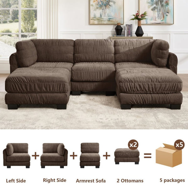 English Elm 3 Seat Chenille Modular Sectional with Movable Ottomans and Ruched Cushion Detail Brown 3 Seat with 2 Ottomans W5656S00269