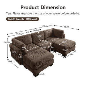 English Elm 3 Seat Chenille Modular Sectional with Movable Ottomans and Ruched Cushion Detail Brown 3 Seat with 2 Ottomans W5656S00269