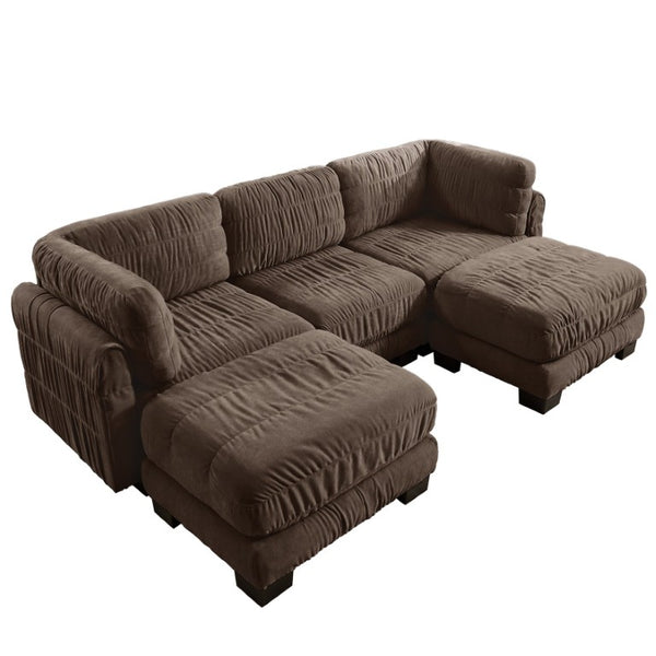 English Elm 3 Seat Chenille Modular Sectional with Movable Ottomans and Ruched Cushion Detail Brown 3 Seat with 2 Ottomans W5656S00269