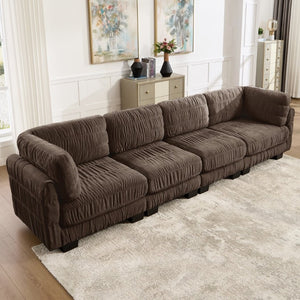 English Elm 3 Seat Chenille Modular Sectional with Movable Ottomans and Ruched Cushion Detail Brown 4 Seat W5656S00270