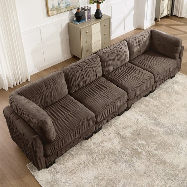 English Elm 3 Seat Chenille Modular Sectional with Movable Ottomans and Ruched Cushion Detail Brown 4 Seat W5656S00270