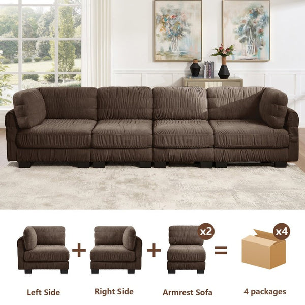 English Elm 3 Seat Chenille Modular Sectional with Movable Ottomans and Ruched Cushion Detail Brown 4 Seat W5656S00270
