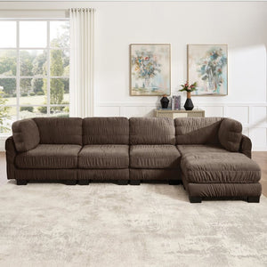 English Elm 3 Seat Chenille Modular Sectional with Movable Ottomans and Ruched Cushion Detail Brown 4 Seat with Ottoman W5656S00271